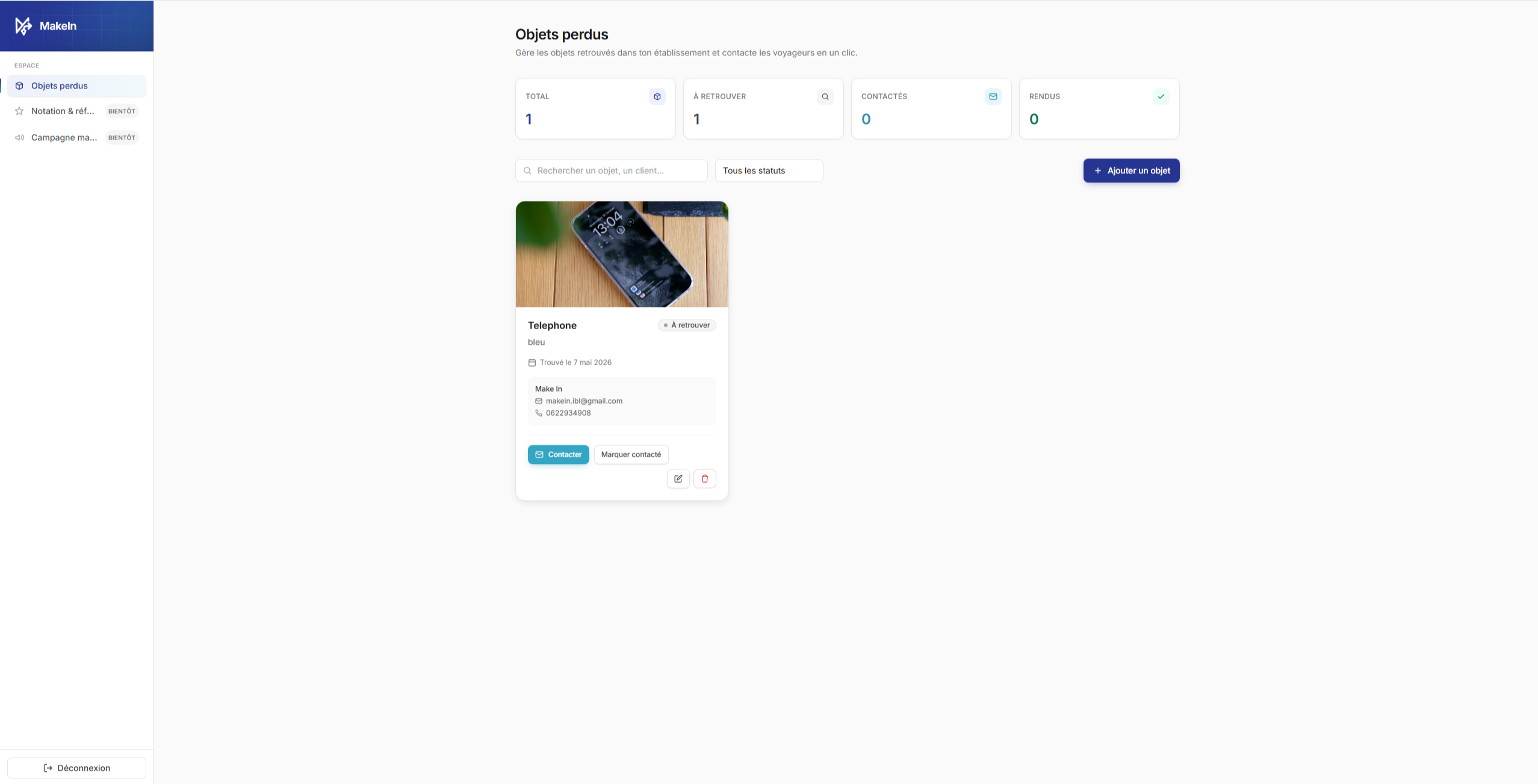 Application MakeIn — tableau de bord